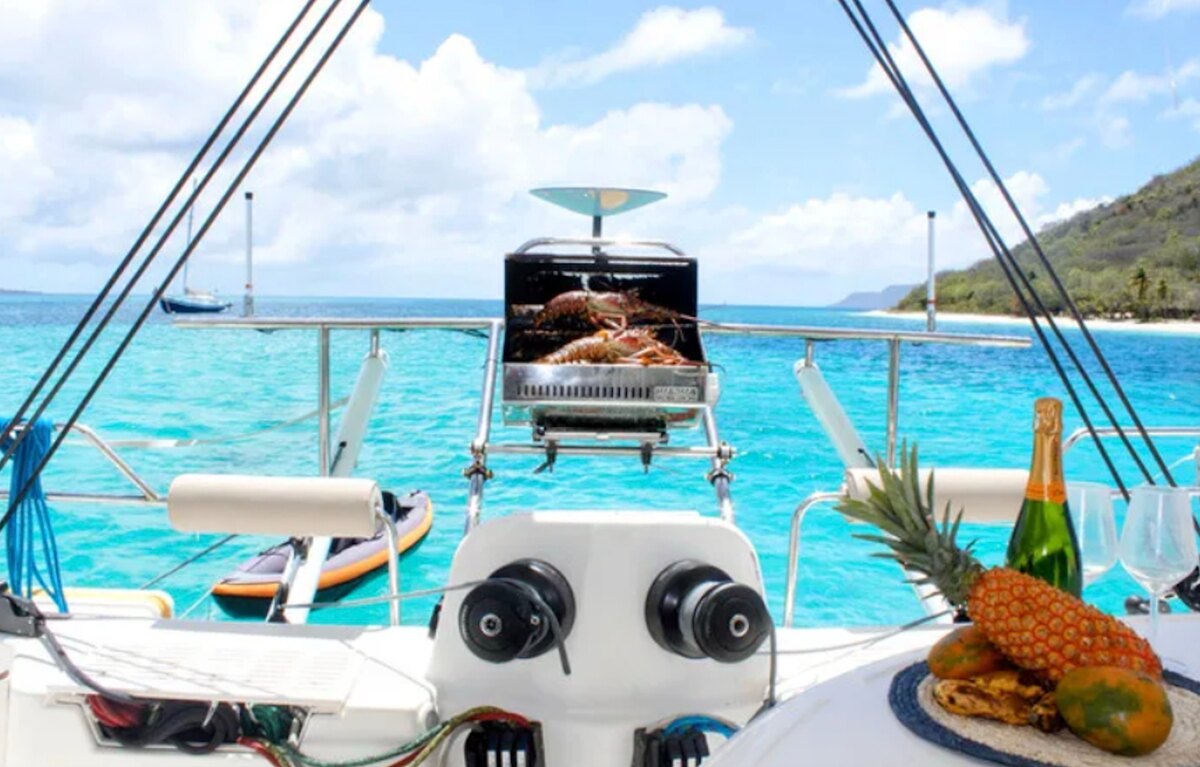On board Ikigai at anchor in turquoise water